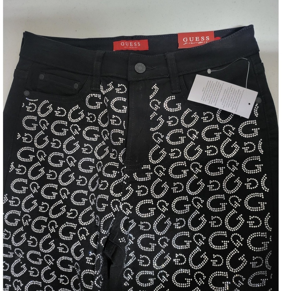GUESS Black Denim Jeans‎ Women's Size 6 /28 Rhinestone G Logo Slim Fit